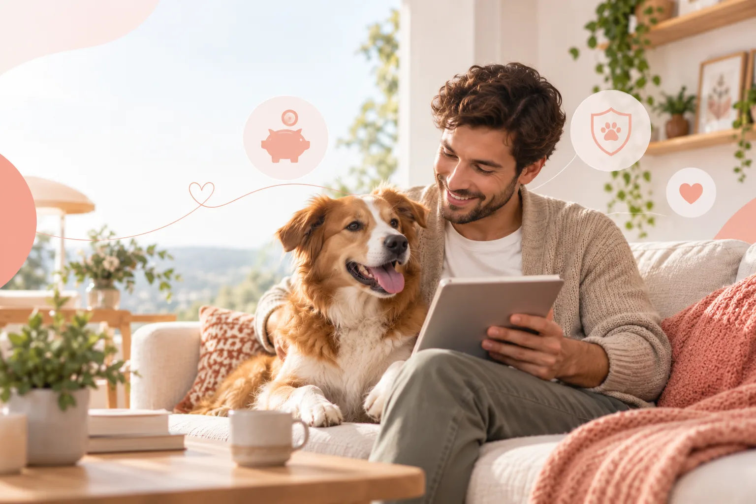 Man and golden-colored dog on sofa with tablet